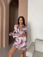 ipek saten zebra desenli pembe şortlu takım