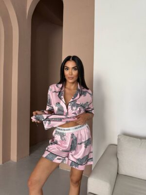 ipek saten zebra desenli pembe şortlu takım