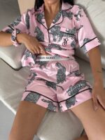 ipek saten zebra desenli pembe şortlu takım