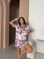 ipek saten zebra desenli pembe şortlu takım
